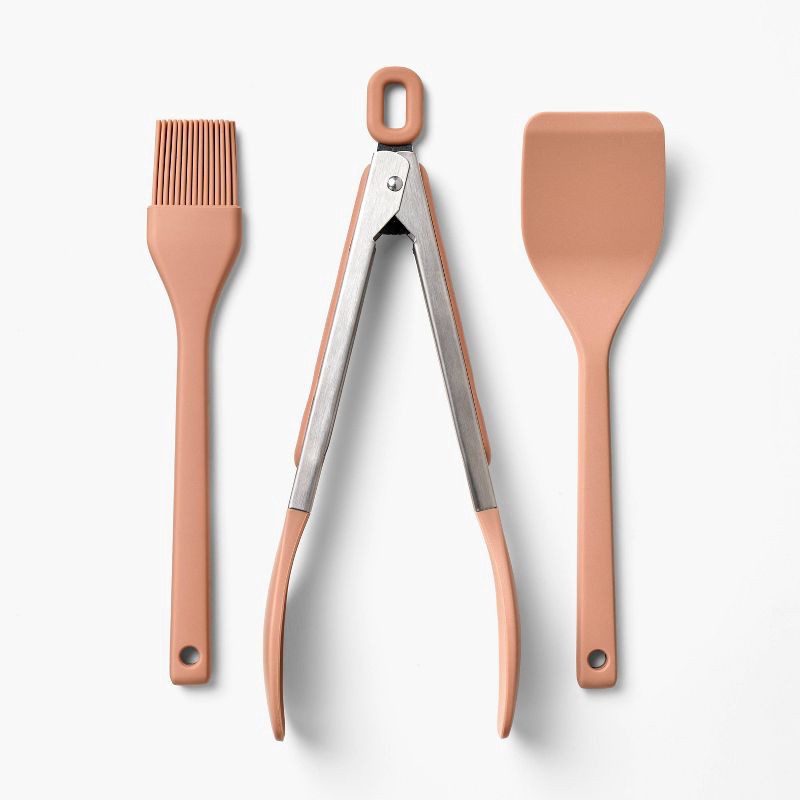 slide 1 of 4, 3pc Silicone Mini Turner Basting Brush and Tongs Set Terracotta Orange - Figmint™, 3 ct