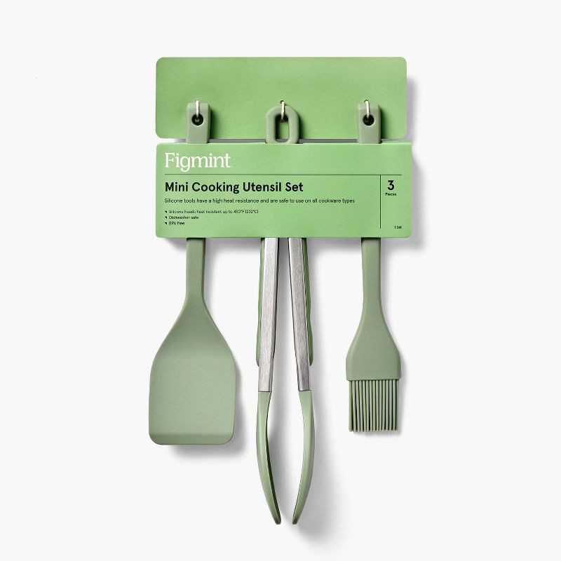 slide 4 of 4, 3pc Silicone Mini Turner Basting Brush and Tongs Set Sage Green - Figmint™: Kitchen Gadgets, Dishwasher-Safe Utensils, 3 ct