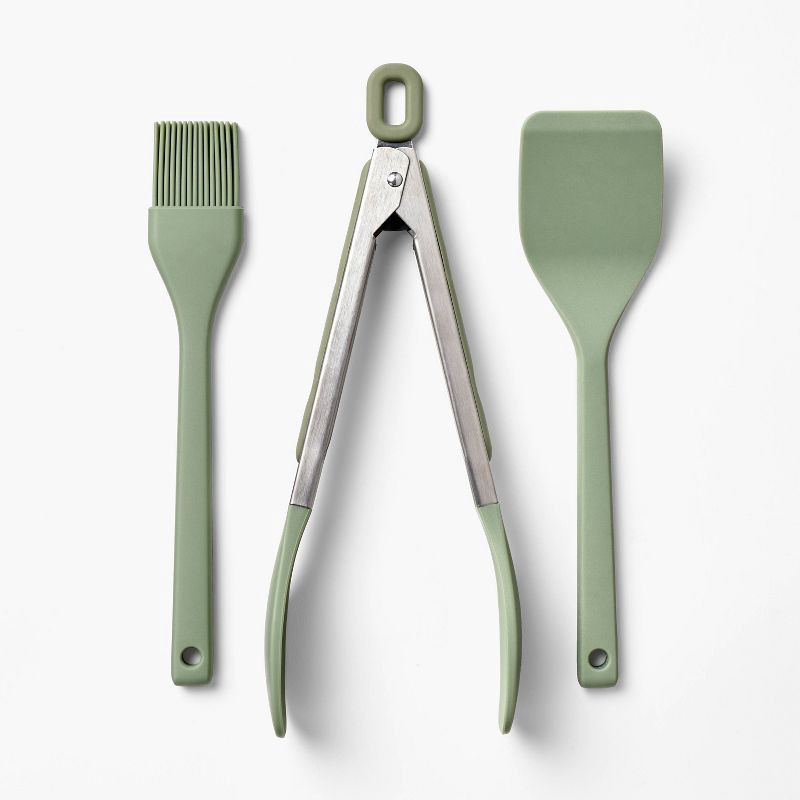 slide 1 of 4, 3pc Silicone Mini Turner Basting Brush and Tongs Set Sage Green - Figmint™: Kitchen Gadgets, Dishwasher-Safe Utensils, 3 ct
