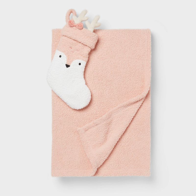 slide 1 of 3, Pink Deer Stocking and Pink Kids' Throw Blanket Gift Set - Pillowfort™, 1 ct