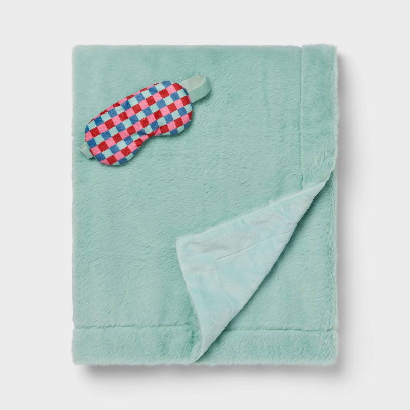 slide 1 of 3, Multi Check Eye Mask and Teal Kids' Throw Blanket Gift Set - Pillowfort™, 1 ct