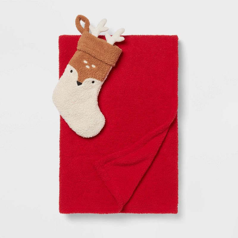 slide 1 of 3, Deer Stocking and Red Kids' Throw Blanket Gift Set - Pillowfort™, 1 ct