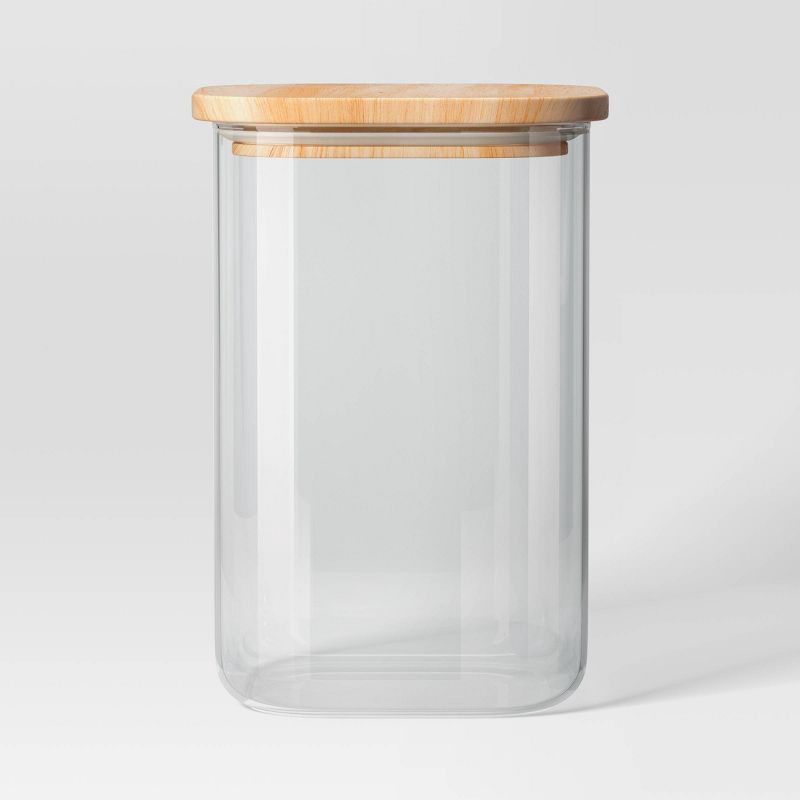 slide 1 of 3, 71oz Glass Square Food Storage Canister with Wood Lid - Threshold™: Glass Pantry Storage Jar, Dishwasher-Safe, 71 oz