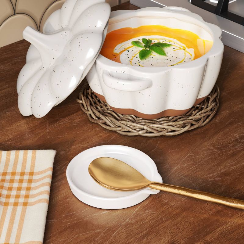 slide 2 of 3, Stoneware Spoon Rest - Threshold™: White Ceramic Spoon Holder, Dishwasher-Safe, 5.25" x 5", 1 ct