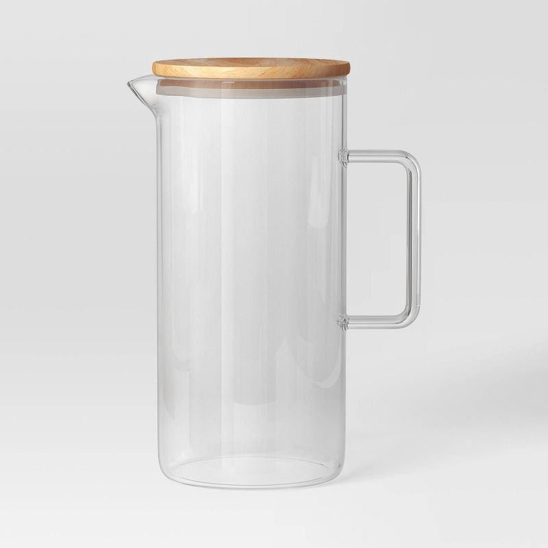 slide 1 of 3, 84.5 fl oz Glass Beverage Pitcher with Wood Lid - Threshold™: Dishwasher-Safe, Cadmium-Free, Cold Drink Server, 84.5 fl oz