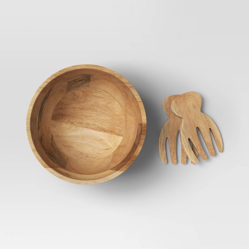 slide 3 of 3, 3pc Wood Salad Bowl Set with Utensils - Threshold™: Large Round Serving Bowl, Natural Brown, 3 ct