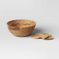 3pc Wood Salad Bowl Set with Utensils - Threshold™: Large Round Serving Bowl, Natural Brown