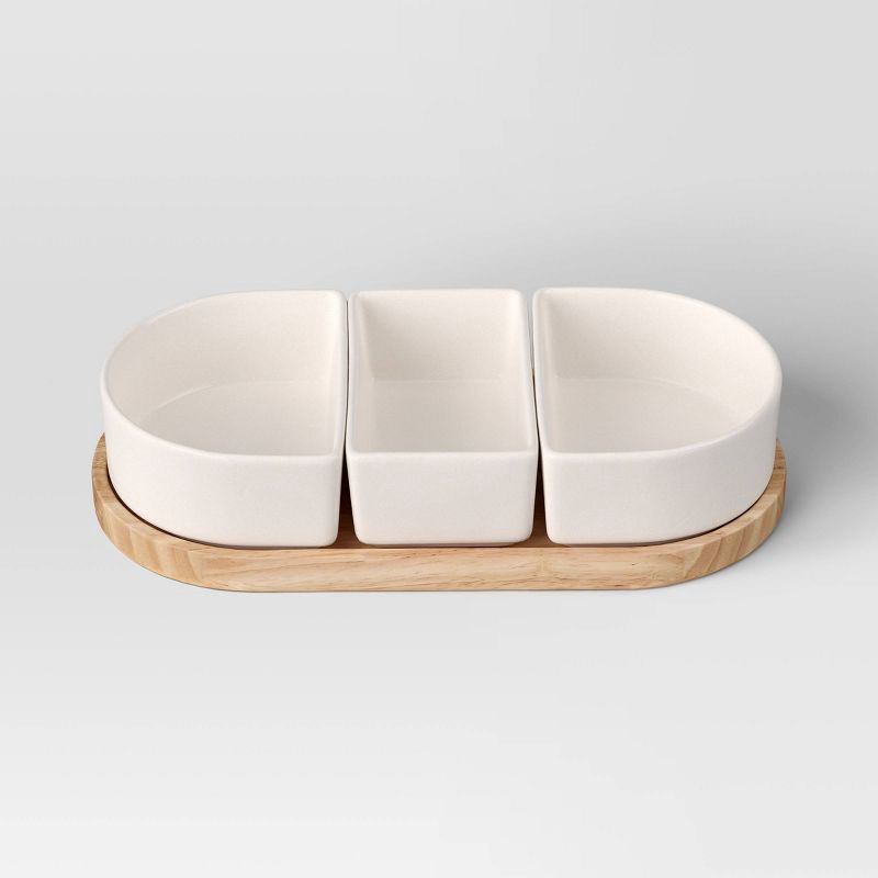 slide 3 of 4, 4pc Ceramic Sectioned Serving Bowl Set - Threshold™: Set of Dip Bowls, Serveware, Rubberwood Tray, Hand Wash, 4 ct