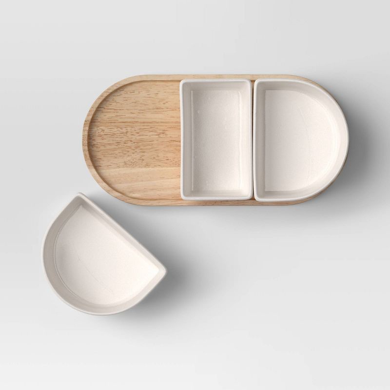 slide 4 of 4, 4pc Ceramic Sectioned Serving Bowl Set - Threshold™: Set of Dip Bowls, Serveware, Rubberwood Tray, Hand Wash, 4 ct