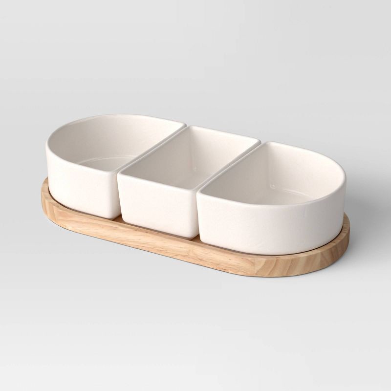 slide 1 of 4, 4pc Ceramic Sectioned Serving Bowl Set - Threshold™: Set of Dip Bowls, Serveware, Rubberwood Tray, Hand Wash, 4 ct