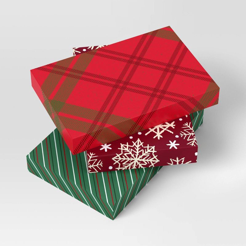 slide 1 of 3, 3ct 9.5"x2" Festive Print Christmas Shirt Gift Box Plaid/Stripe/Snowflakes - Wondershop™, 3 ct