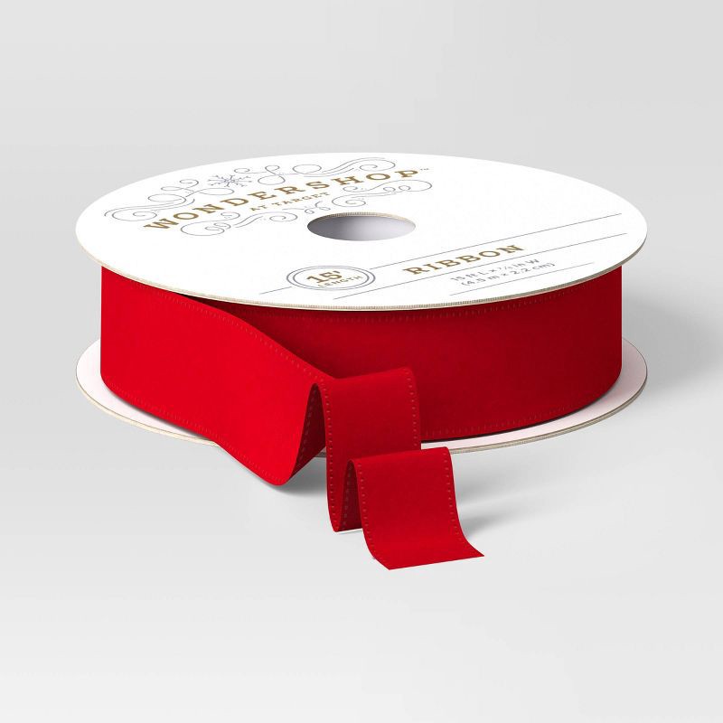 slide 1 of 3, 5/8" Velvet Fabric Christmas Ribbon 15' Red - Wondershop™​​​​​​​, 1 ct