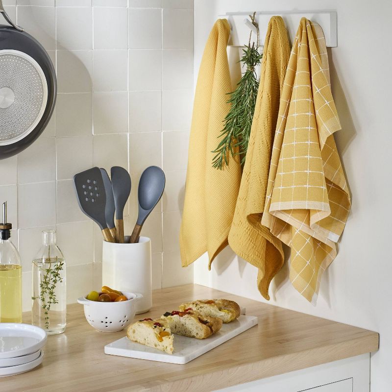 slide 2 of 3, 3pc Kitchen Towels Yellow - Figmint™: Cotton Check & Jacquard Dish Towels, 28"x18", OEKO-TEX Certified, Set of 3, 3 ct