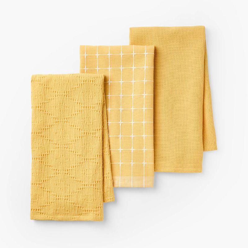 slide 1 of 3, 3pc Kitchen Towels Yellow - Figmint™: Cotton Check & Jacquard Dish Towels, 28"x18", OEKO-TEX Certified, Set of 3, 3 ct