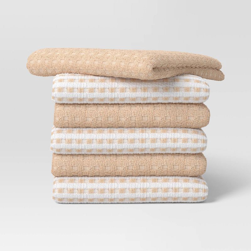 slide 1 of 3, 6pc Terry Kitchen Towels Tan - Room Essentials™: Cotton Gingham Check, Machine Wash, Dish & Cleaning Textiles, 6 ct