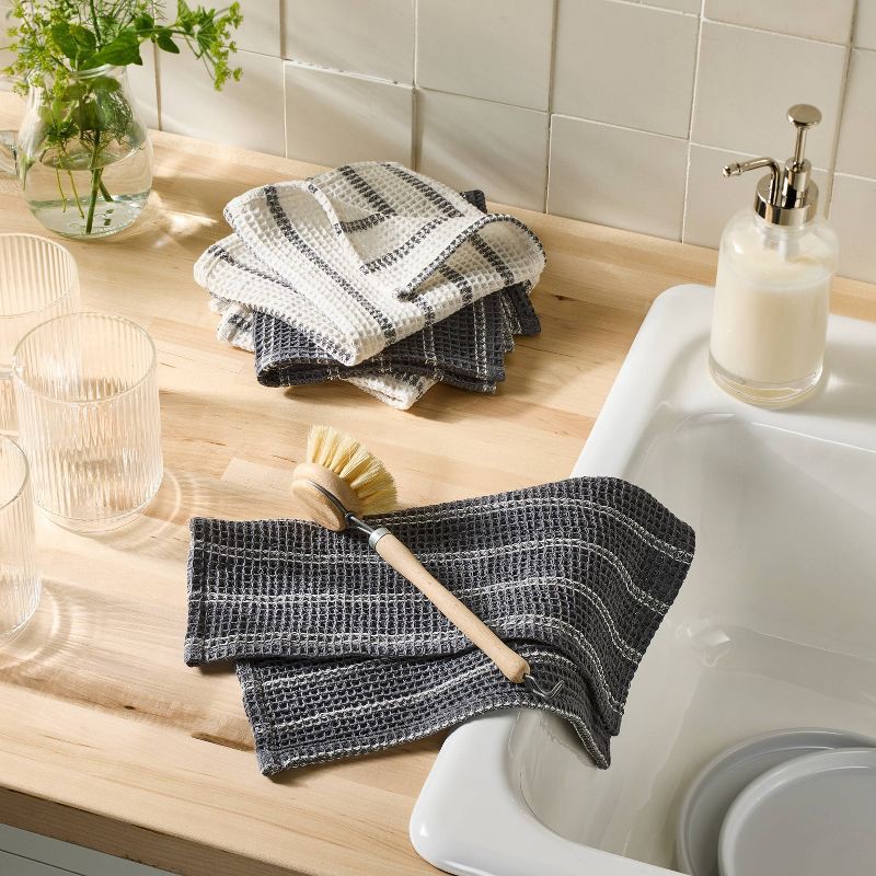 slide 2 of 3, 4pk Dish Cloth Set Dark Gray - Figmint™: Cotton Waffle Stripe Kitchen Towels, 12"x12", Machine Washable, 4 ct