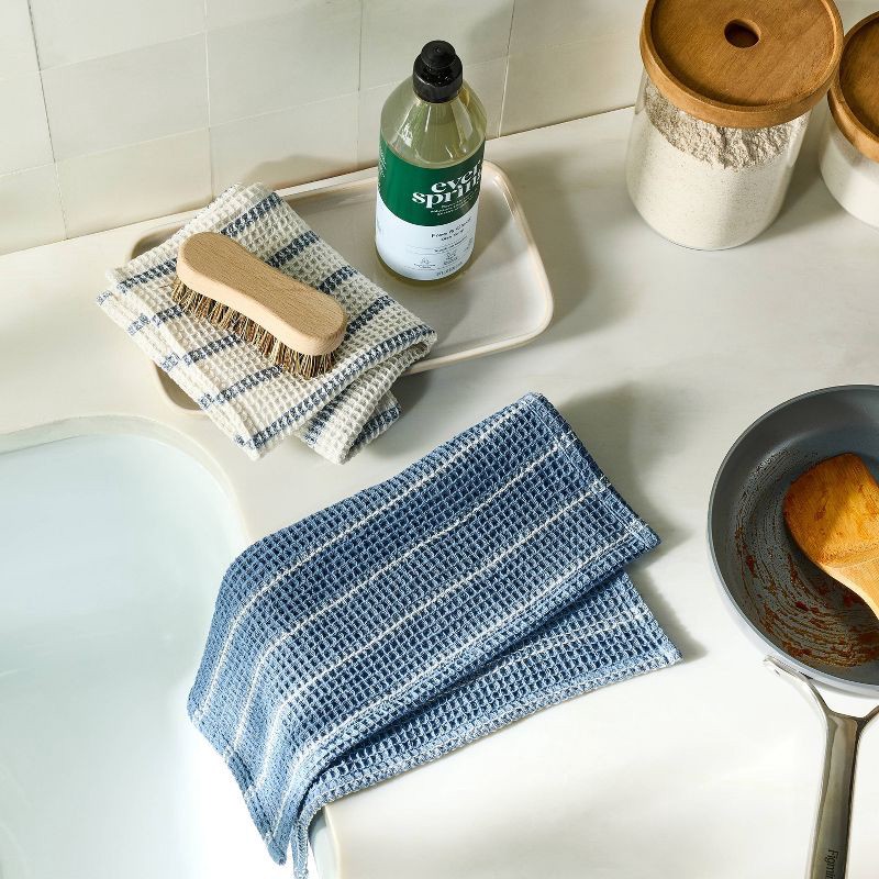 slide 2 of 3, 4pk Dish Cloth Set Blue - Figmint™: Cotton Waffle Stripe Kitchen Towels, 12"x12", Machine Washable, Summer Collection, 4 ct