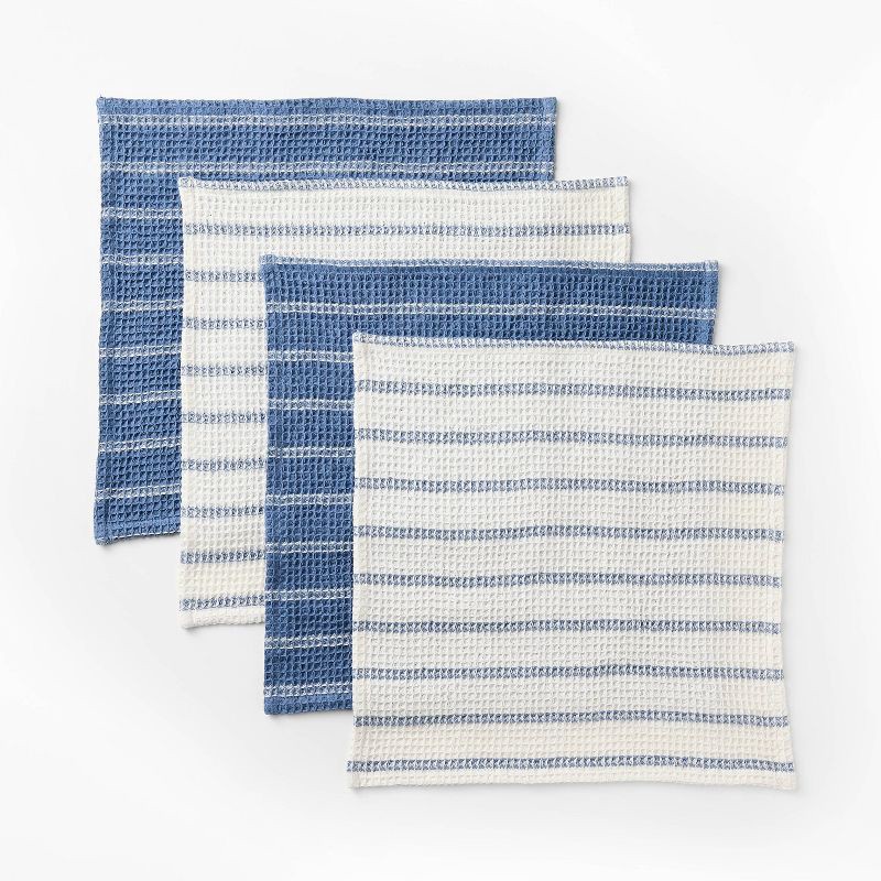 slide 1 of 3, 4pk Dish Cloth Set Blue - Figmint™: Cotton Waffle Stripe Kitchen Towels, 12"x12", Machine Washable, Summer Collection, 4 ct