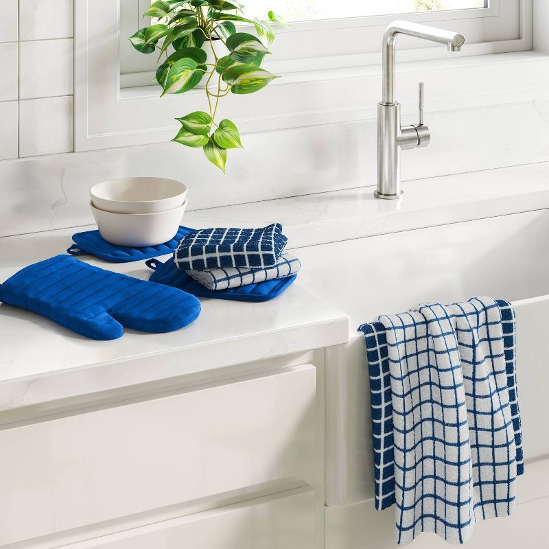 slide 2 of 4, 7pc Starter Kitchen Textile Set Dark Blue - Room Essentials™: Dish Towels, Hot Pads & Oven Mitts, Pot Holders, Kitchen Towels, 7 ct