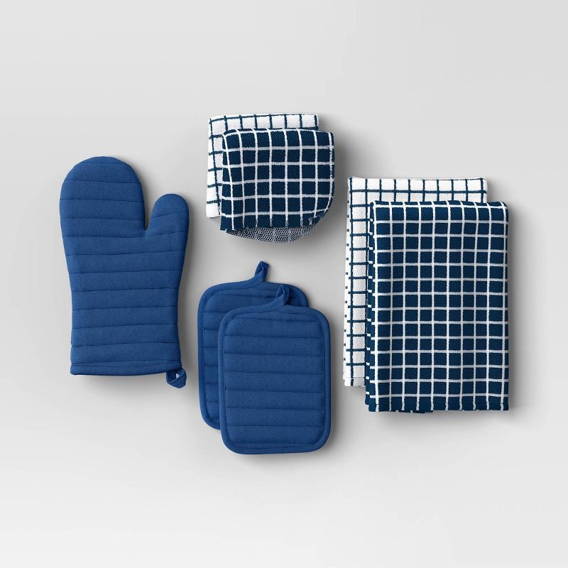 slide 1 of 4, 7pc Starter Kitchen Textile Set Dark Blue - Room Essentials™: Dish Towels, Hot Pads & Oven Mitts, Pot Holders, Kitchen Towels, 7 ct
