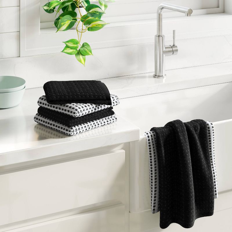 slide 2 of 3, 6pc Terry Kitchen Towels Black - Room Essentials™: Gingham Check, Cotton, Machine Wash, Dobby, OEKO-TEX Certified, 6 ct