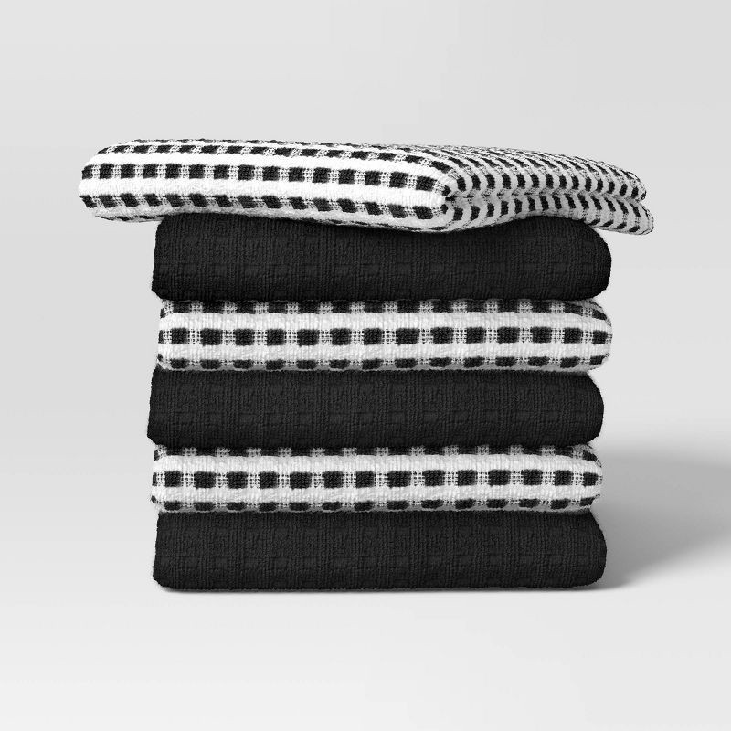 slide 1 of 3, 6pc Terry Kitchen Towels Black - Room Essentials™: Gingham Check, Cotton, Machine Wash, Dobby, OEKO-TEX Certified, 6 ct
