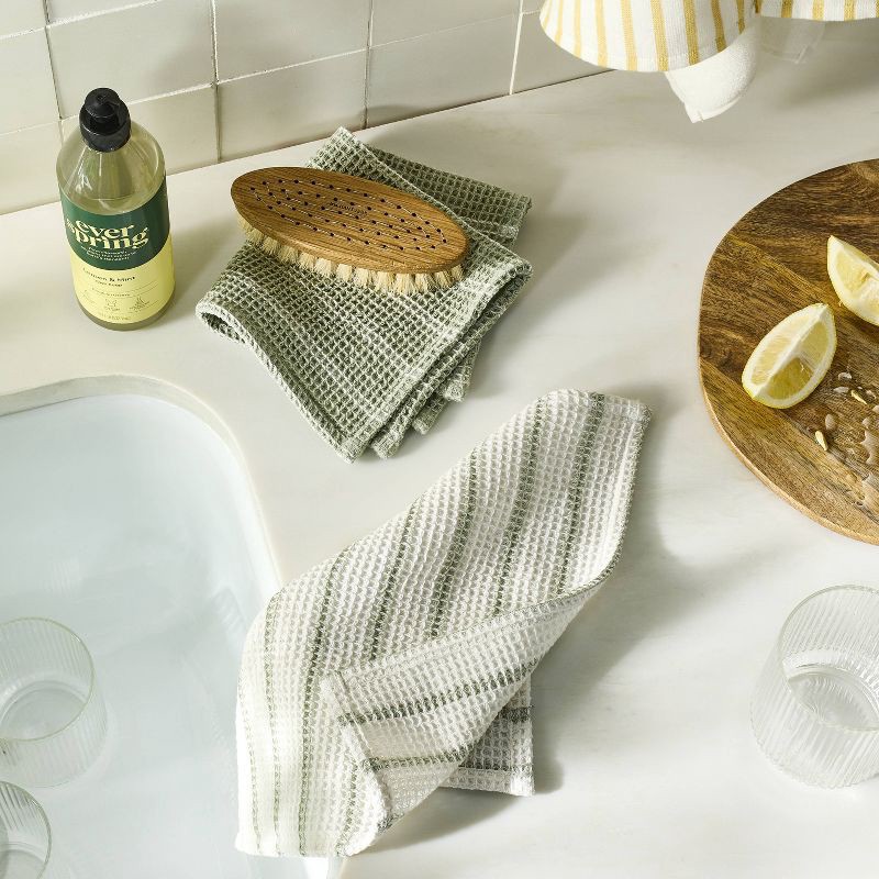 slide 2 of 3, 4pk Dish Cloth Set Green - Figmint™: Cotton Waffle Stripe Kitchen Towels for Washing Dishes, 12"x12" Summer Textiles, 4 ct