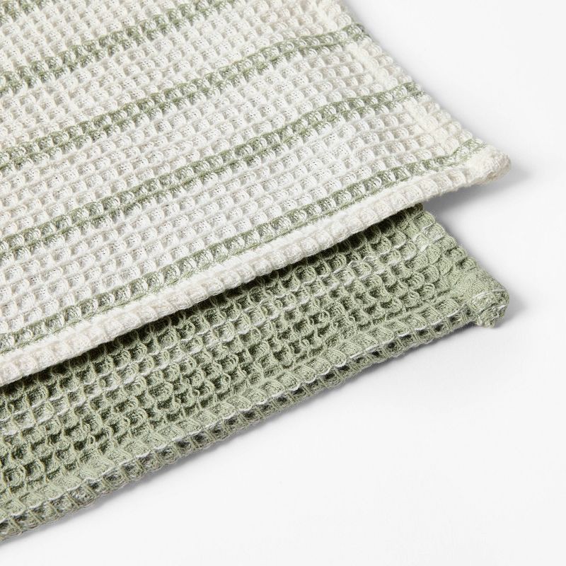slide 3 of 3, 4pk Dish Cloth Set Green - Figmint™: Cotton Waffle Stripe Kitchen Towels for Washing Dishes, 12"x12" Summer Textiles, 4 ct