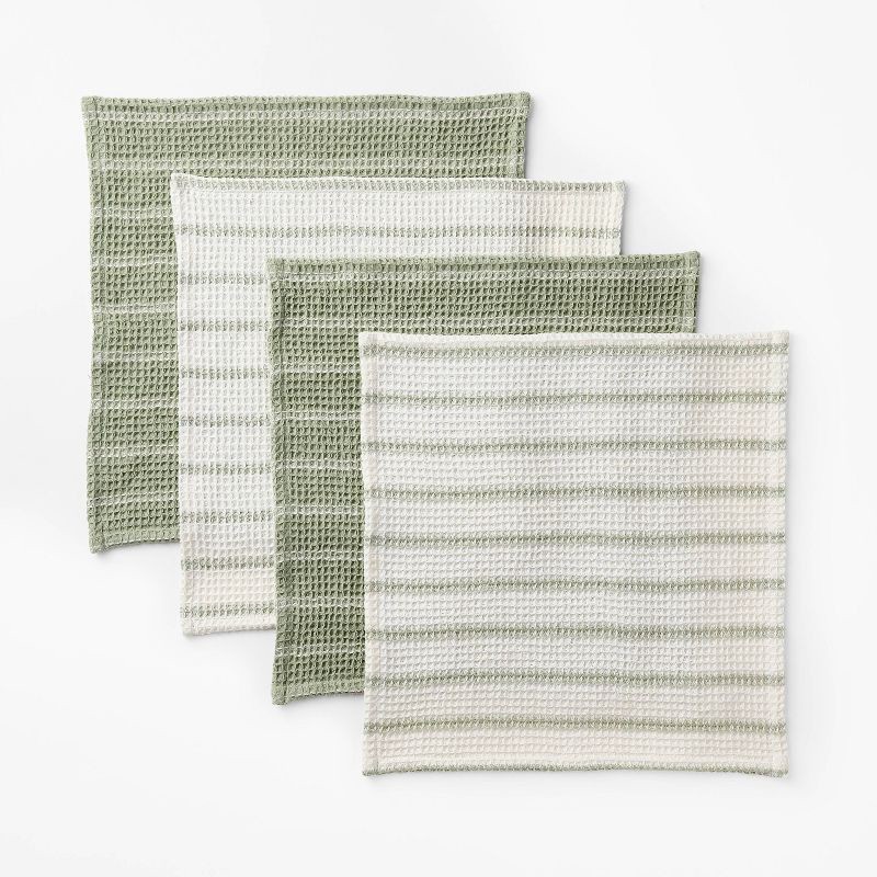 slide 1 of 3, 4pk Dish Cloth Set Green - Figmint™: Cotton Waffle Stripe Kitchen Towels for Washing Dishes, 12"x12" Summer Textiles, 4 ct