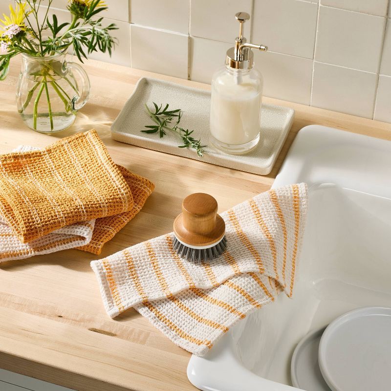 slide 2 of 3, 4pk Dish Cloth Set Yellow - Figmint™: Cotton Waffle Stripe Kitchen Towels, Machine Washable, 12"x12", Summer Collection, 4 ct
