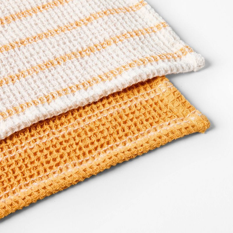 slide 3 of 3, 4pk Dish Cloth Set Yellow - Figmint™: Cotton Waffle Stripe Kitchen Towels, Machine Washable, 12"x12", Summer Collection, 4 ct