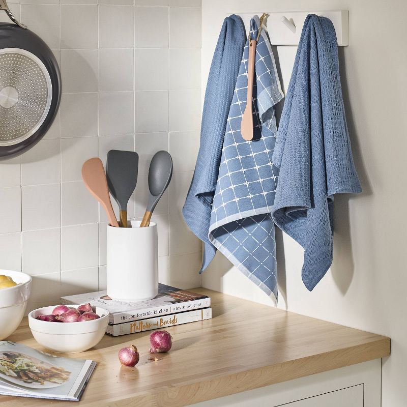 slide 2 of 3, 3pc Kitchen Towels Blue - Figmint™: Cotton Check & Jacquard Dish Towels, 28"x18", OEKO-TEX Certified, 3 ct