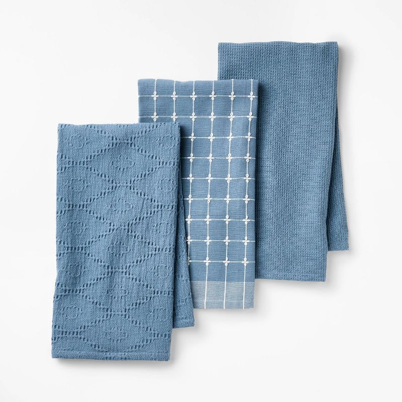 slide 1 of 3, 3pc Kitchen Towels Blue - Figmint™: Cotton Check & Jacquard Dish Towels, 28"x18", OEKO-TEX Certified, 3 ct