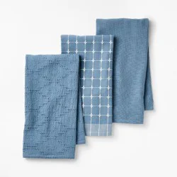 3pc Kitchen Towels Blue - Figmint™: Cotton Check & Jacquard Dish Towels, 28"x18", OEKO-TEX Certified