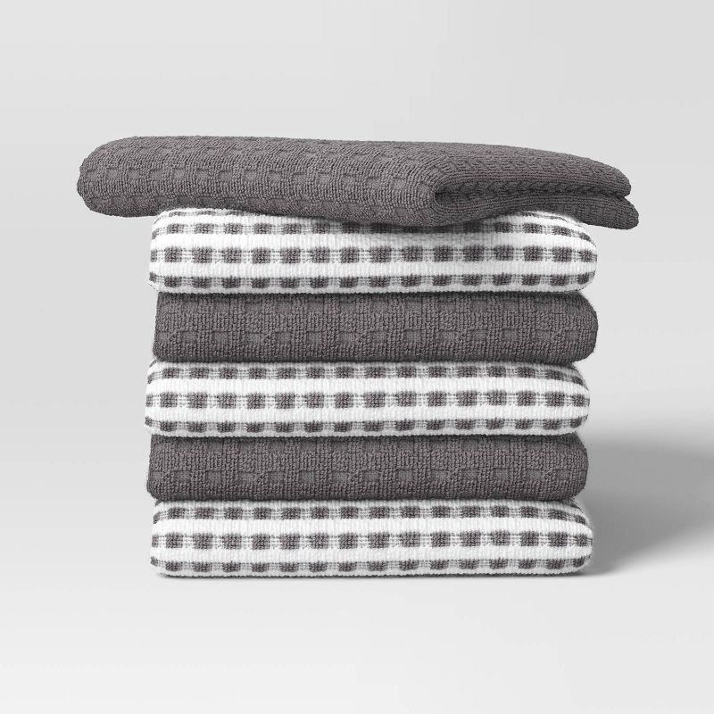 slide 1 of 3, 6pc Terry Kitchen Towels Gray - Room Essentials™: Gingham Check, Cotton, Machine Wash, Dish & Cleaning Towels, 6 ct