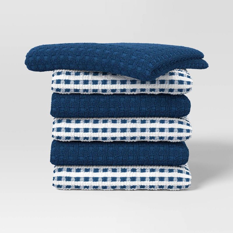 slide 1 of 3, 6pc Terry Kitchen Towels Dark Blue - Room Essentials™: Cotton Gingham Check, Machine Wash, Dish & Cleaning Towels, 6 ct