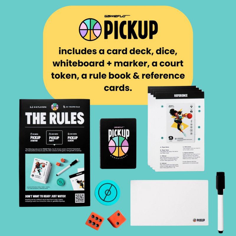 slide 3 of 9, GameFlo PICKUP Basketball Card Game: Strategy & Math Focus, 2-6 Players, Includes Cards, Dice, Scoring Pads, 1 ct