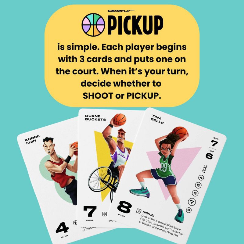 slide 5 of 9, GameFlo PICKUP Basketball Card Game: Strategy & Math Focus, 2-6 Players, Includes Cards, Dice, Scoring Pads, 1 ct