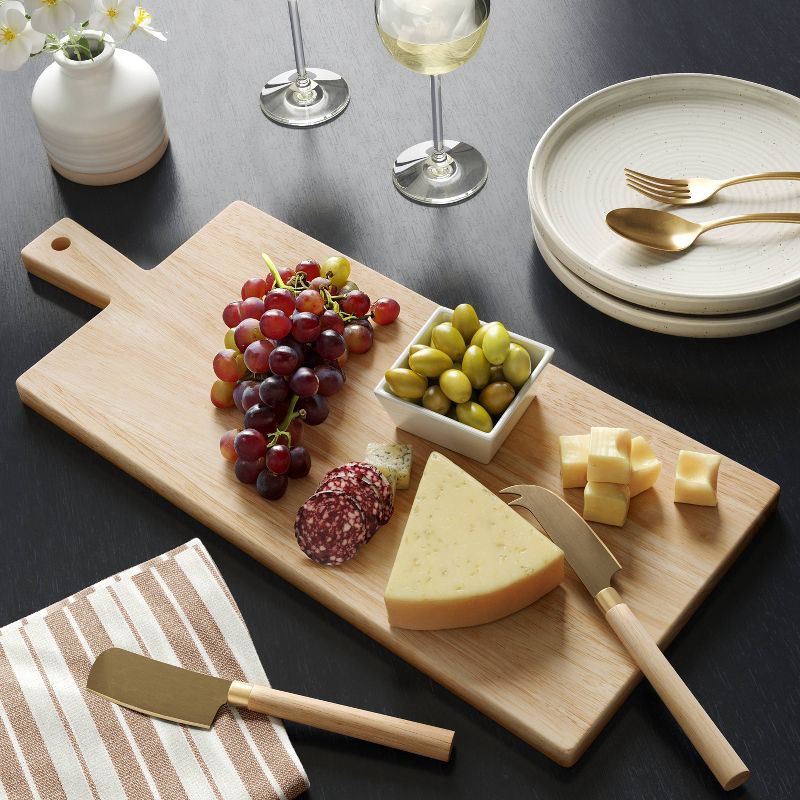 slide 2 of 4, 3pc 19.35"x8" Rubberwood Rectangle Serving Board with Brass Cheese Tools Brown - Threshold™: Charcuterie Platter Set, 3 ct