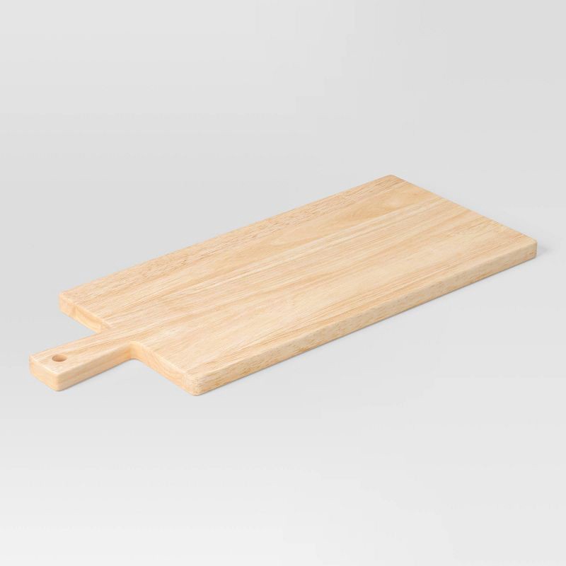 slide 3 of 4, 3pc 19.35"x8" Rubberwood Rectangle Serving Board with Brass Cheese Tools Brown - Threshold™: Charcuterie Platter Set, 3 ct