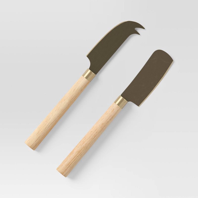 slide 4 of 4, 3pc 19.35"x8" Rubberwood Rectangle Serving Board with Brass Cheese Tools Brown - Threshold™: Charcuterie Platter Set, 3 ct