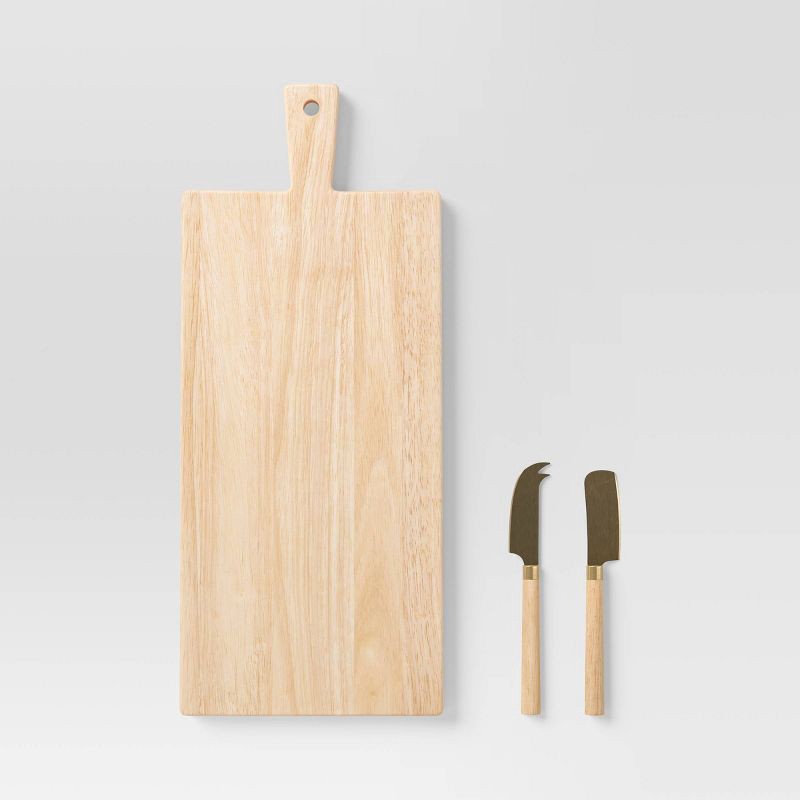 slide 1 of 4, 3pc 19.35"x8" Rubberwood Rectangle Serving Board with Brass Cheese Tools Brown - Threshold™: Charcuterie Platter Set, 3 ct