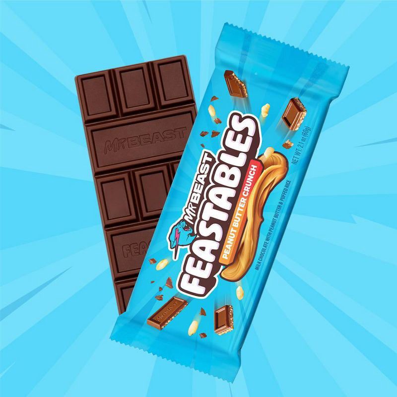 slide 2 of 3, MrBeast Feastables Peanut Butter Crunch Chocolate Candy Bar 60g, 60 gram