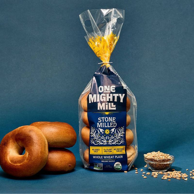 slide 4 of 6, One Mighty Mill Whole Wheat Plain Bagel- 4ct / 13.4oz, 4 ct, 13.4 oz