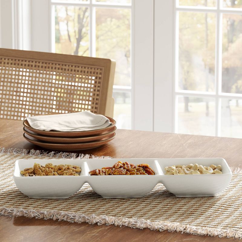 slide 2 of 3, Porcelain 3-Section Divided Serving Tray White - Threshold™: Party Platter, Rectangle, Oven & Microwave Safe, 1 ct