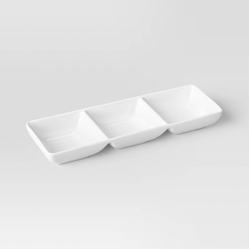 slide 1 of 3, Porcelain 3-Section Divided Serving Tray White - Threshold™: Party Platter, Rectangle, Oven & Microwave Safe, 1 ct