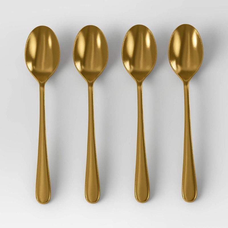 slide 1 of 3, 4pc Harrington Cocktail Spoons Gold - Threshold™: Modern Gold Flatware Set, Stainless Steel, Dishwasher-Safe, Service for 4, 4 ct