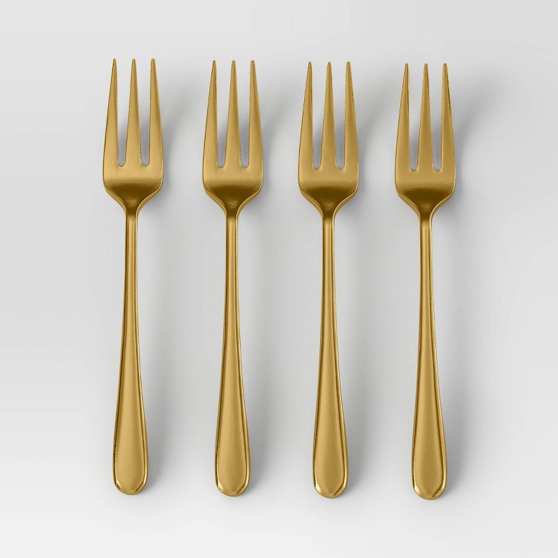 slide 1 of 3, 4pc Harrington Cocktail Forks Gold - Threshold™: Modern Gold Flatware, Stainless Steel, Appetizer Utensils, Service for 4, 4 ct
