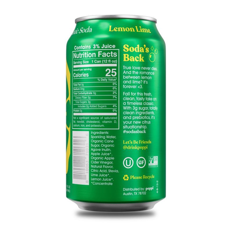 slide 2 of 6, Poppi Lemon Lime Prebiotic Soda - 12 fl oz Can, 12 fl oz