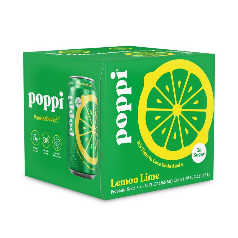 slide 1 of 6, Poppi Lemon Lime Prebiotic Soda - 4pk/12 fl oz Cans, 4 ct; 12 fl oz